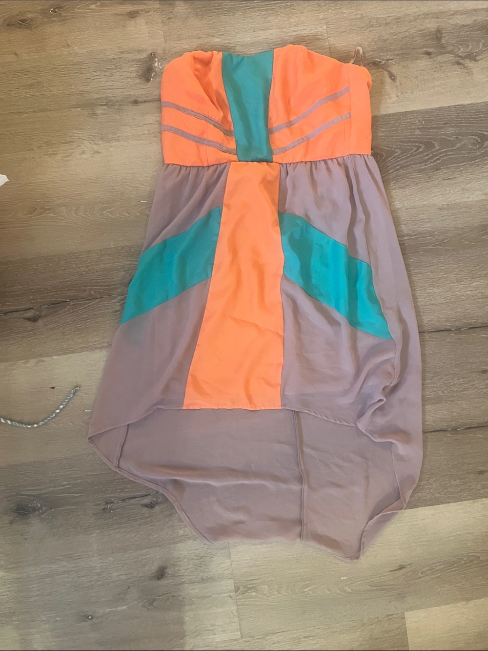 Flying Tomato Orange Strapless high low Dress with Teal Accents